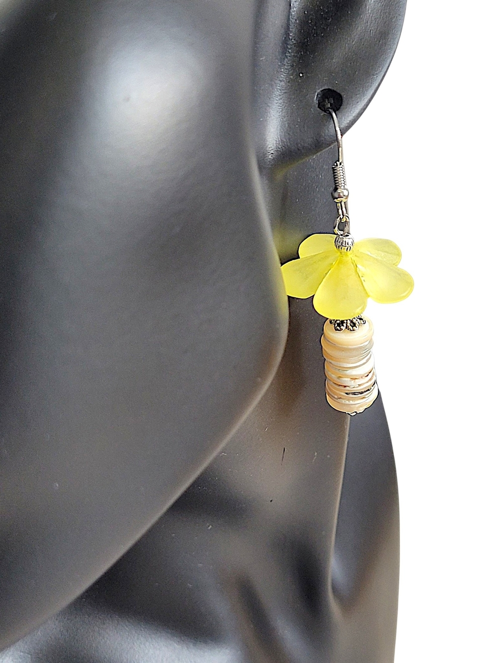 Hand Crafted Yellow Lucite, Glass & Mother of Pearl Shell Stack Dangle Earrings - Picture 5 of 10